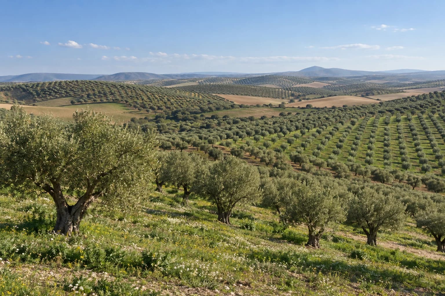 Campiña sevillana con olivar tradicional y de alta densidad